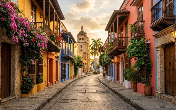 Cobblestone street in Cartagena's Old Town lined with colorful colonial balconies, bougainvillea, a palm tree and church tower at sunset.