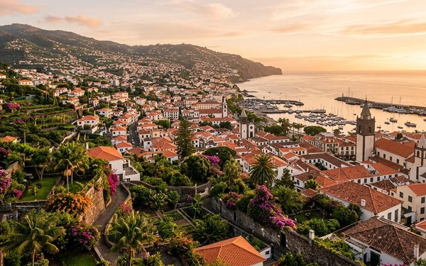 Sunset over Funchal, Madeira: red-tiled rooftops, church towers, lush gardens with bougainvillea, and a harbor beneath green hills.
