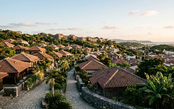 Traditional red-tiled Okinawan houses line a stone path at sunset, with castle walls and the sea beyond.
