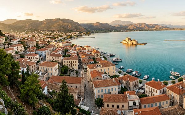 Terracotta rooftops of Nafplio at golden hour, with the Bourtzi sea fortress and mountains across the calm bay.