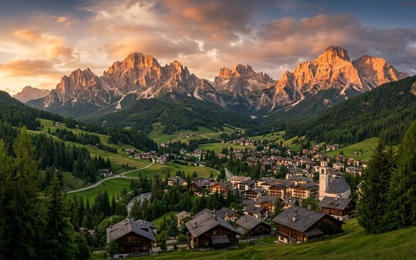 Alpine village with wooden chalets and a church tower nestled in green valleys beneath sunlit Dolomites peaks at dusk.